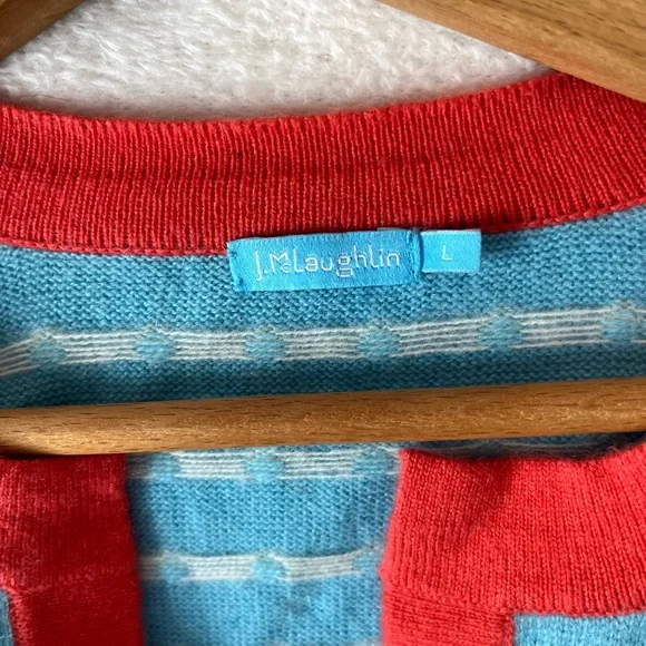 J. McLaughlin 100% Cashmere Dottie Seabreeze Cardigan Blue & Coral polka dot - Picture 2 of 5